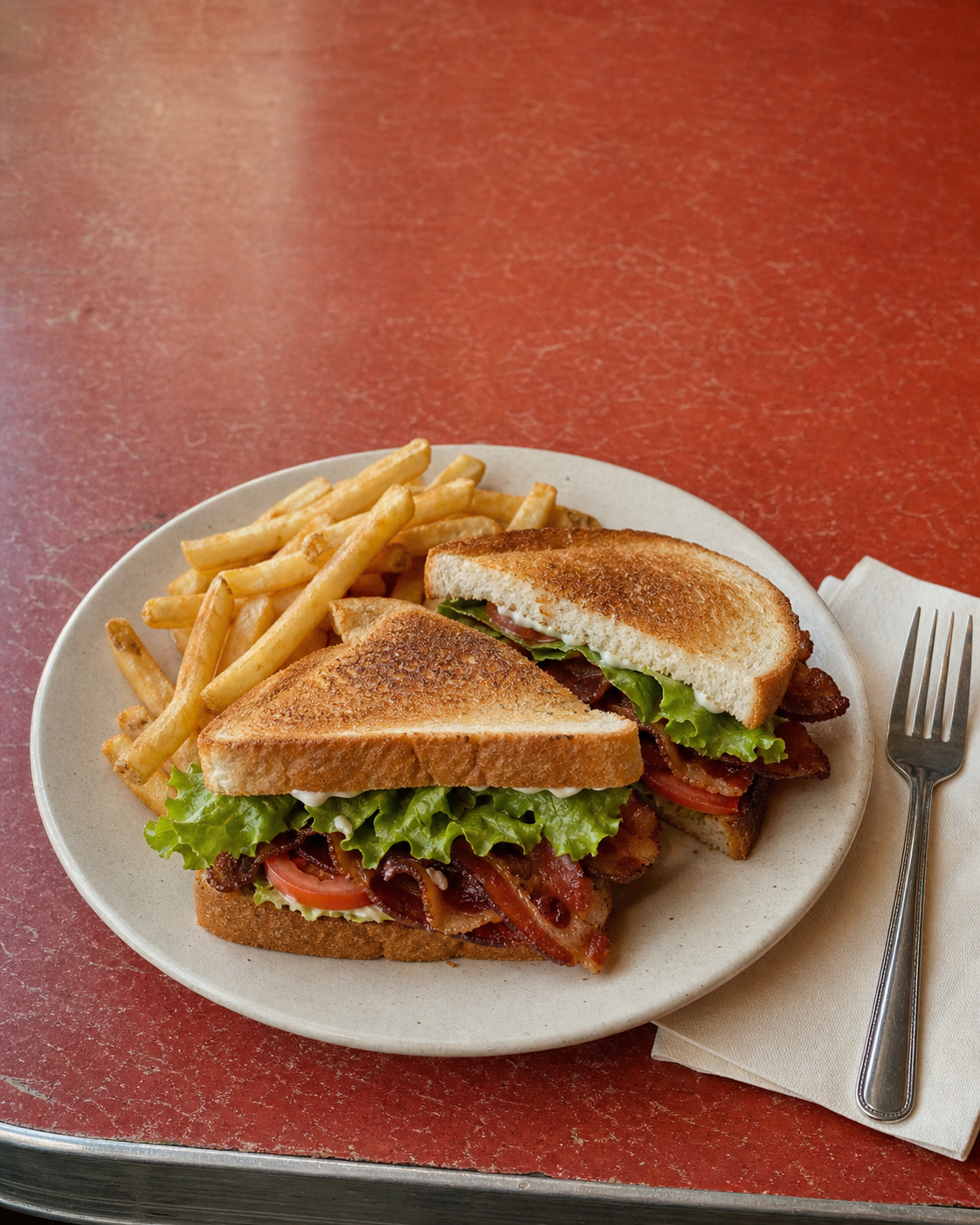 A classic BLT sandwich with fries