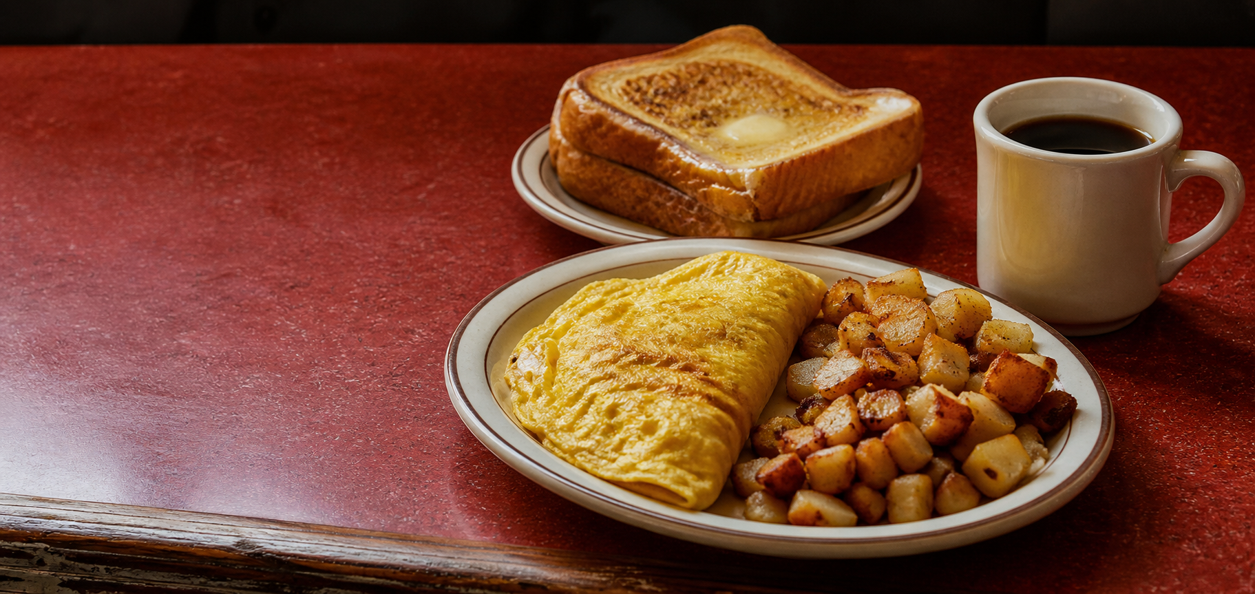 Omelet, home fries, Italian toast and coffee on a diner counter
